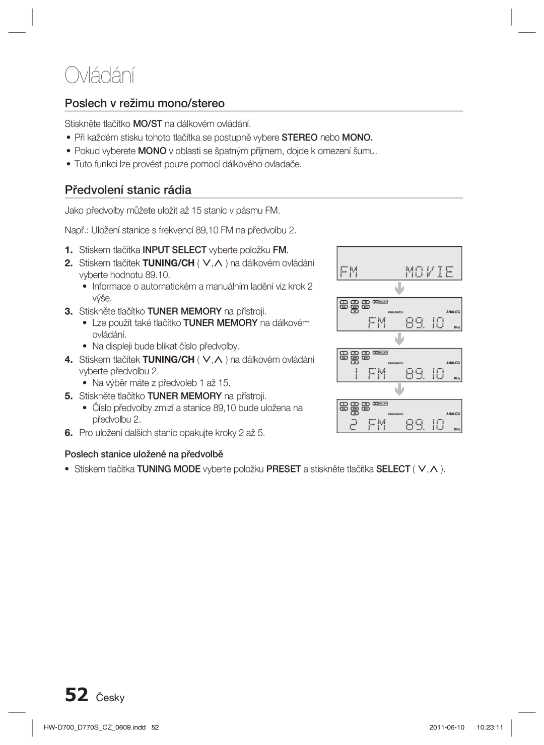 Samsung HW-D770S/EN manual Poslech v režimu mono/stereo, Předvolení stanic rádia, 52 Česky 