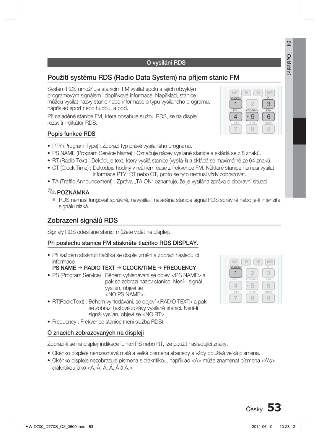 Samsung HW-D770S/EN manual Použití systému RDS Radio Data System na příjem stanic FM, Zobrazení signálů RDS, Vysílání RDS 