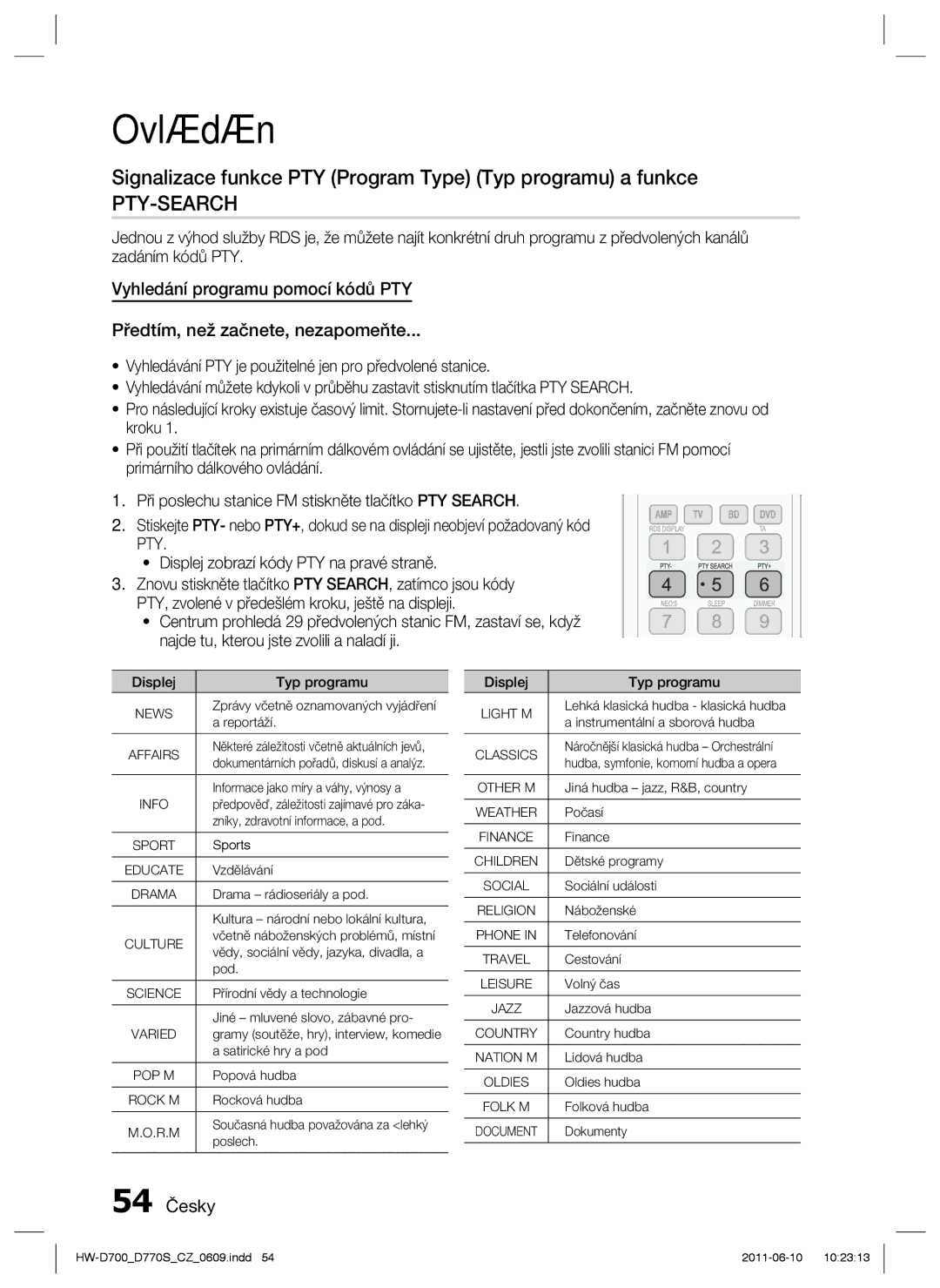 Samsung HW-D770S/EN manual Signalizace funkce PTY Program Type Typ programu a funkce, 54 Česky 