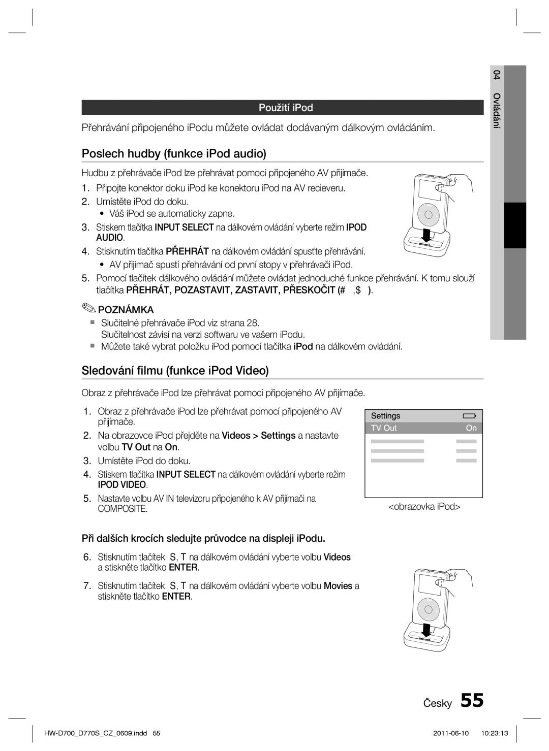 Samsung HW-D770S/EN manual Poslech hudby funkce iPod audio, Sledování ﬁlmu funkce iPod Video, Použití iPod, Composite 
