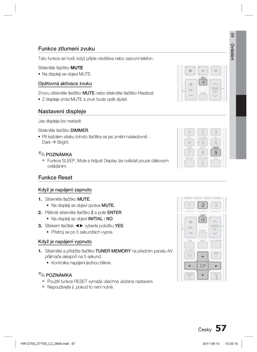 Samsung HW-D770S/EN manual Funkce ztlumení zvuku, Nastavení displeje, Funkce Reset 