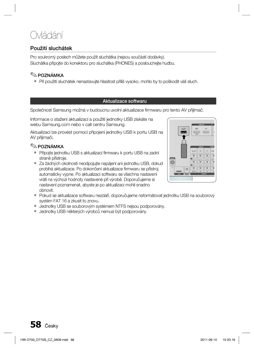 Samsung HW-D770S/EN manual Použití sluchátek, Aktualizace softwaru, 58 Česky 