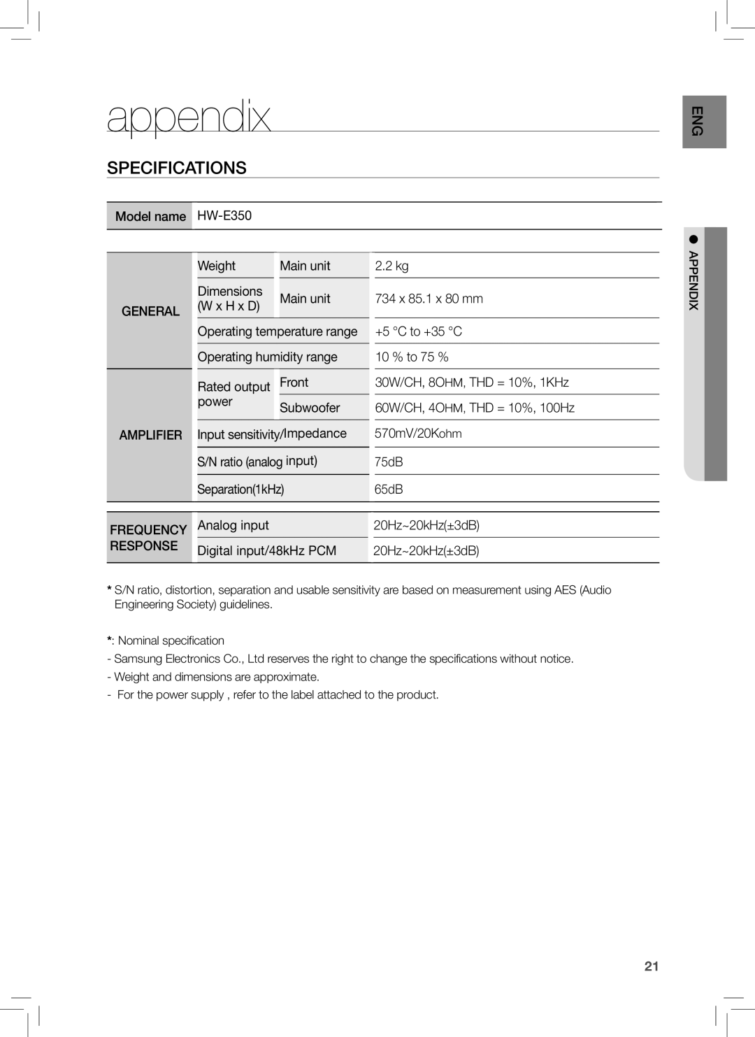 Samsung HW-E350 user manual Appendix, Specifications, General, Amplifier 