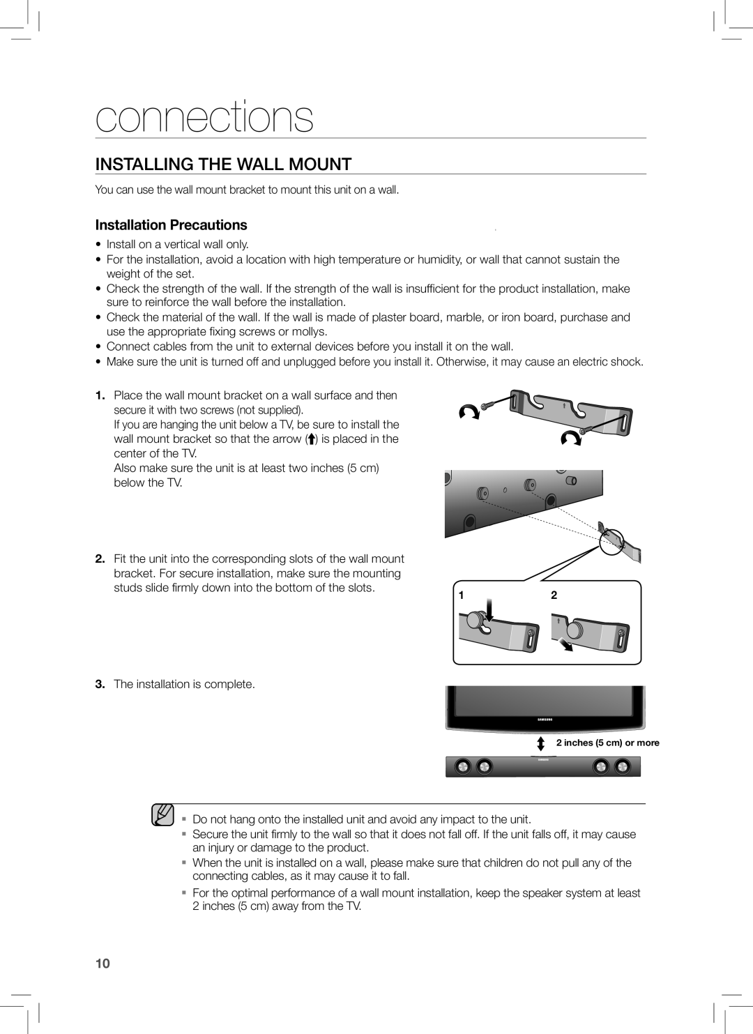 Samsung HW-E350 user manual connections, Installing The Wall Mount, Installation Precautions 