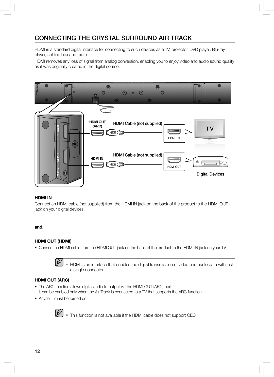 Samsung HW-E350 user manual Connecting The Crystal Surround Air Track, Hdmi In, and HDMI OUT HDMI, Hdmi Out Arc 