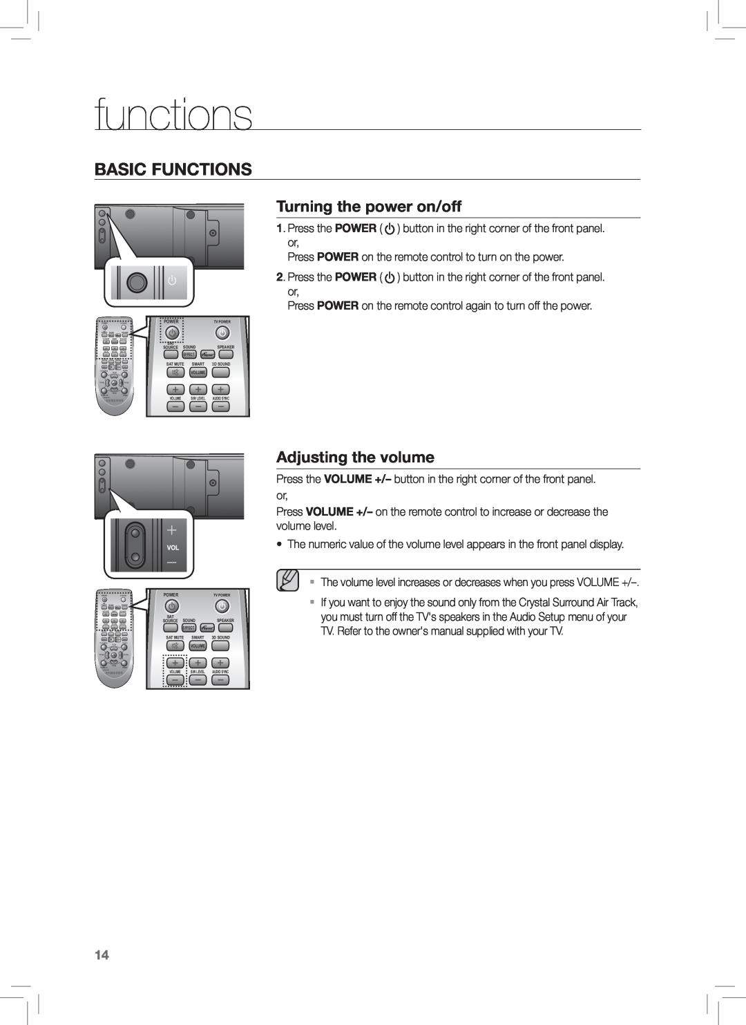 Samsung HW-E350 user manual functions, Basic Functions, Turning the power on/off, Adjusting the volume 