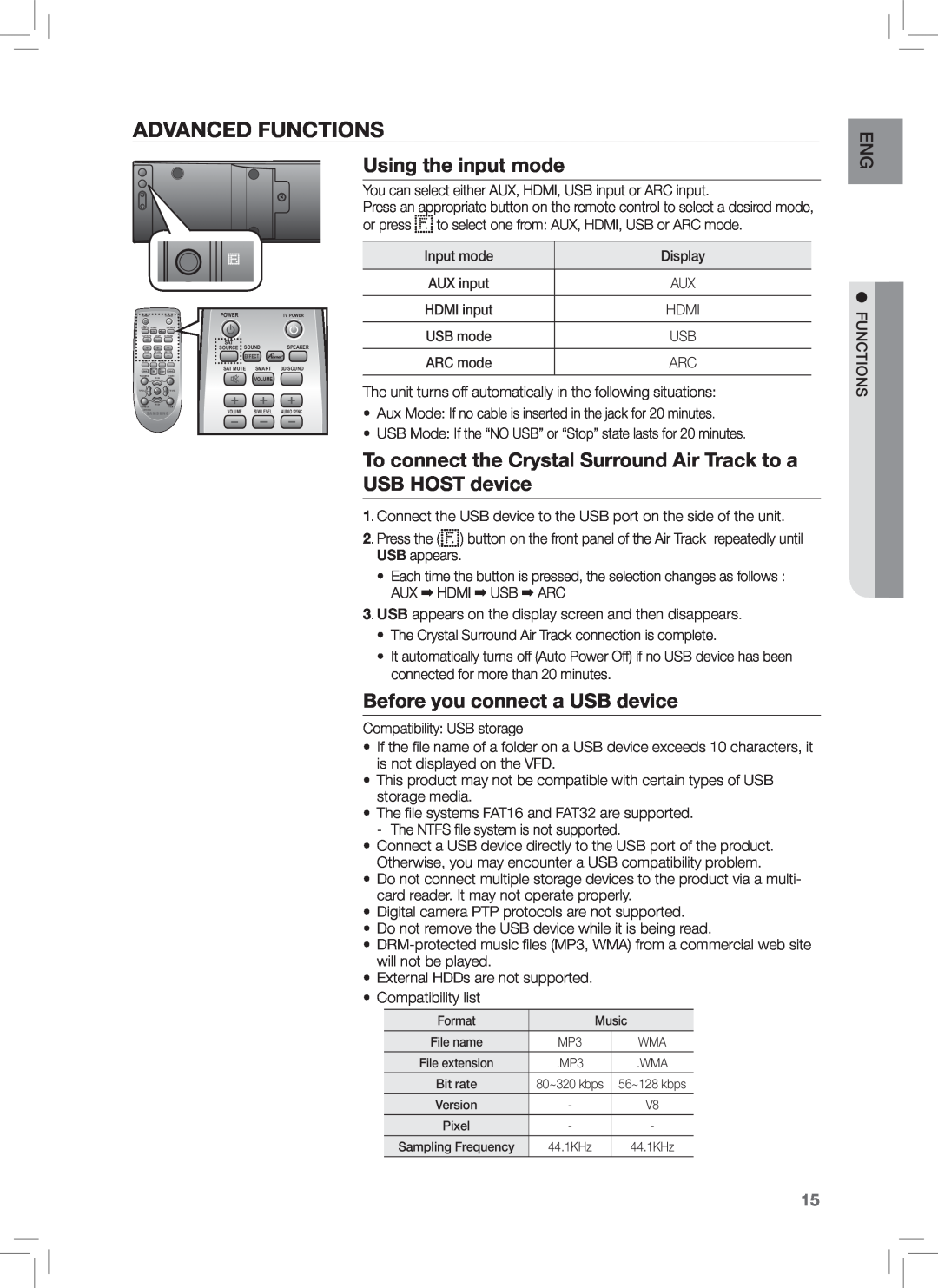Samsung HW-E350 user manual Advanced Functions, Using the input mode, Before you connect a USB device 