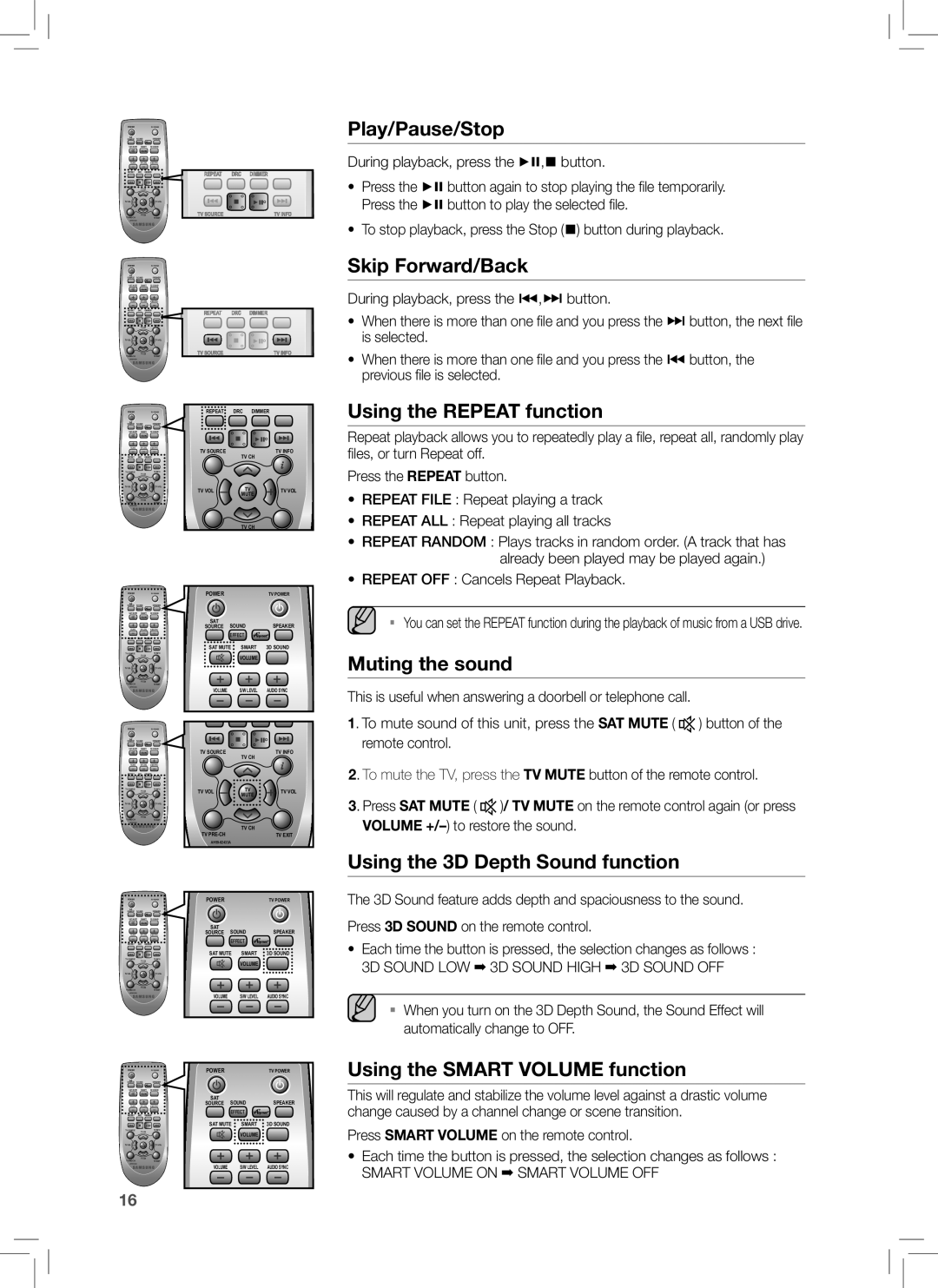 Samsung HW-E350 user manual Play/Pause/Stop, Skip Forward/Back, Using the REPEAT function, Muting the sound 