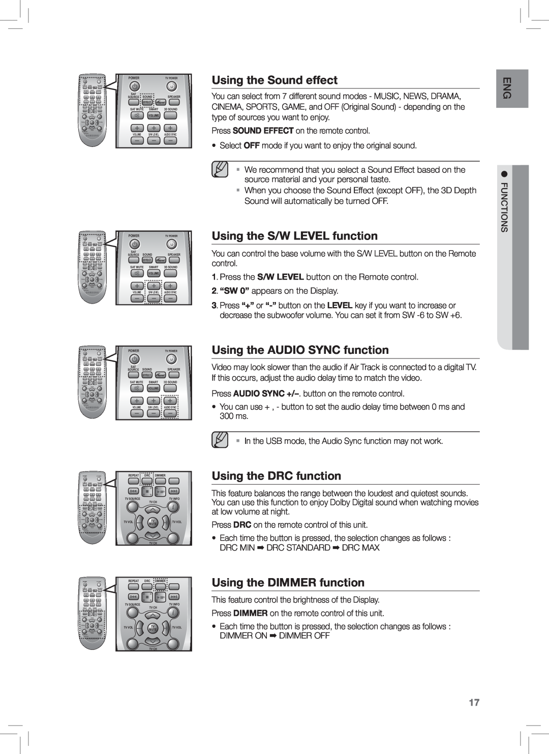 Samsung HW-E350 user manual Using the Sound effect, Using the S/W LEVEL function, Using the AUDIO SYNC function 