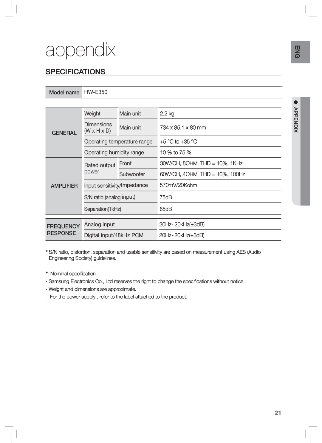 Samsung HW-E350 user manual appendix, Specifications 