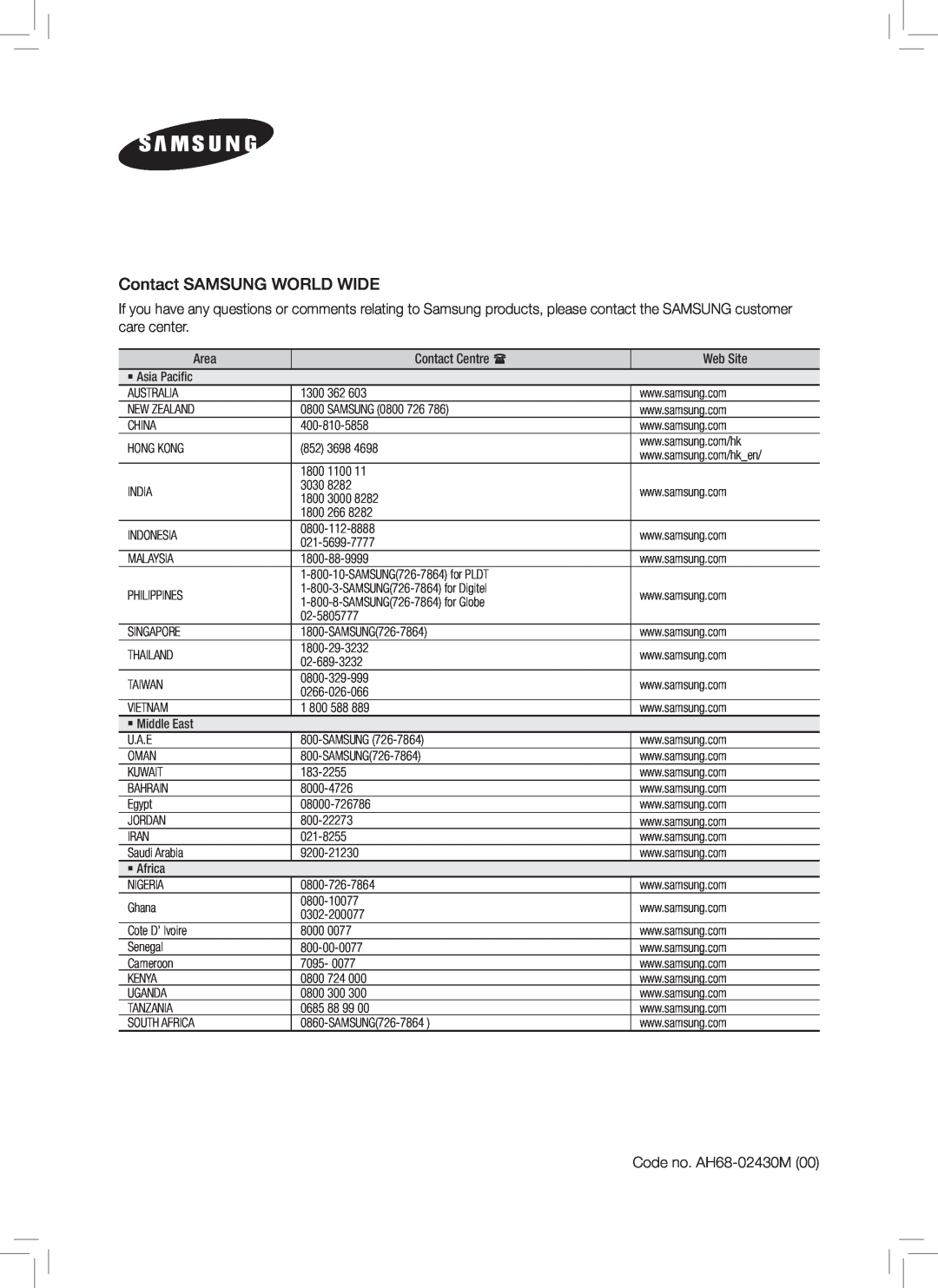 Samsung HW-E350 user manual Contact SAMSUNG WORLD WIDE, Code no. AH68-02430M00 
