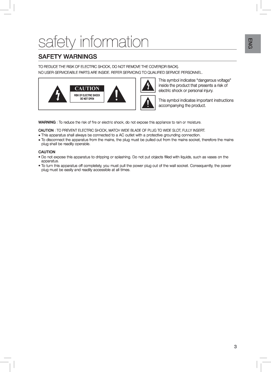 Samsung HW-E350 user manual safety information, Safety Warnings 