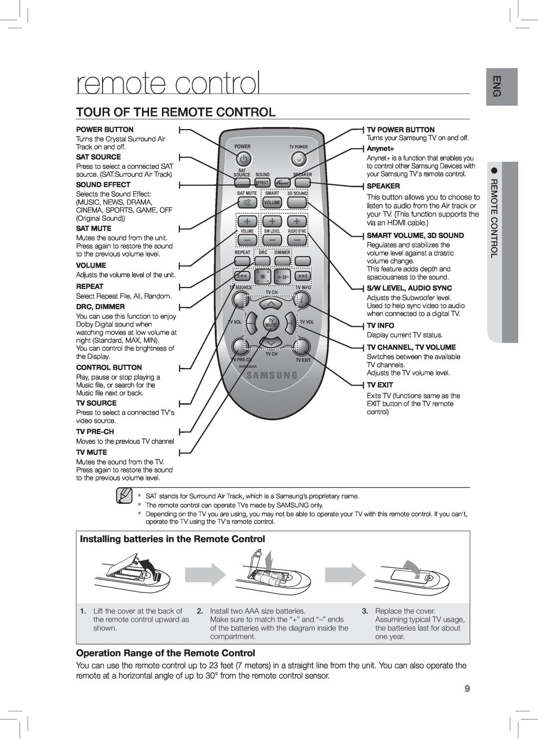 Samsung HW-E350 user manual remote control, Tour Of The Remote Control, Installing batteries in the Remote Control 