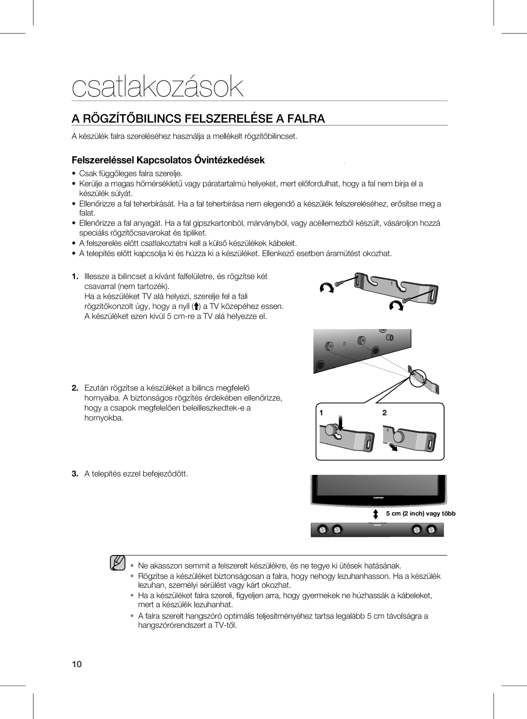 Samsung HW-E350/EN, HW-E350/XE manual Csatlakozások, RÖGzÍTŐbIlINCs FElszERElÉsE a FalRa 