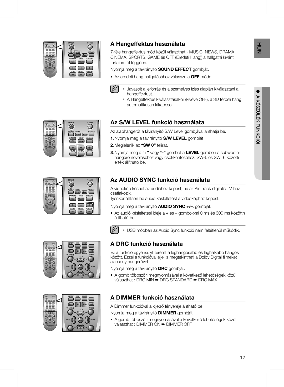 Samsung HW-E350/XE, HW-E350/EN Hangeffektus használata, Az S/W Level funkció használata, Az Audio Sync funkció használata 