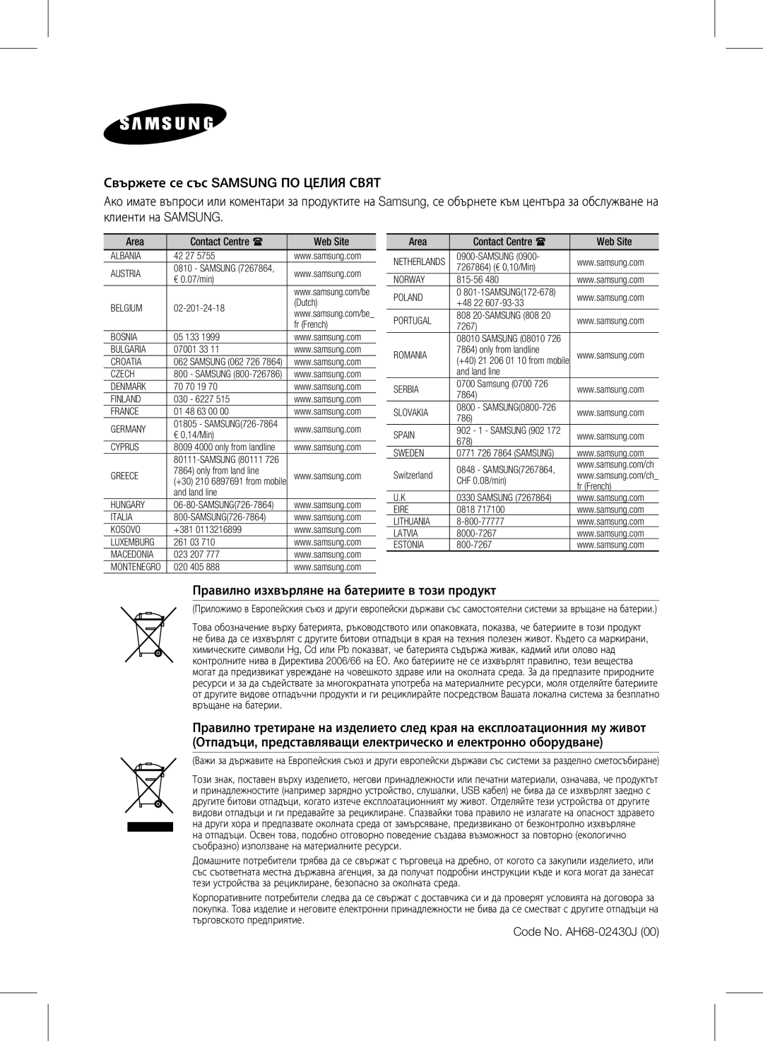 Samsung HW-E350/EN manual Правилно изхвърляне на батериите в този продукт 