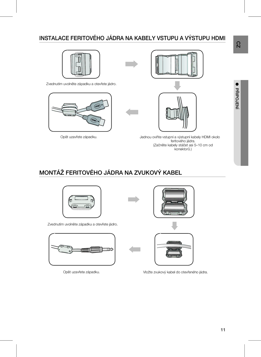 Samsung HW-E350/EN InSTAlAce FeRiTOVéHO Jádra nA KABelY Vstupu a Výstupu HDMi, MOnTÁŽ FeRiTOVéHO Jádra nA zVUKOVÝ KABel 