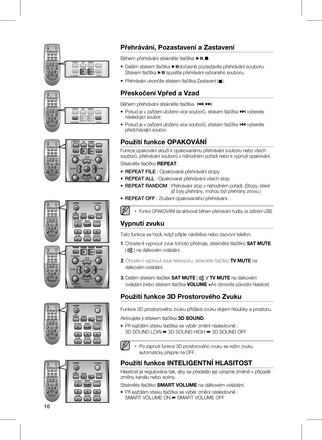 Samsung HW-E350/EN Přehrávání, pozastavení a zastavení, Přeskočení vpřed a vzad, Použití funkce Opakování, Vypnutí zvuku 