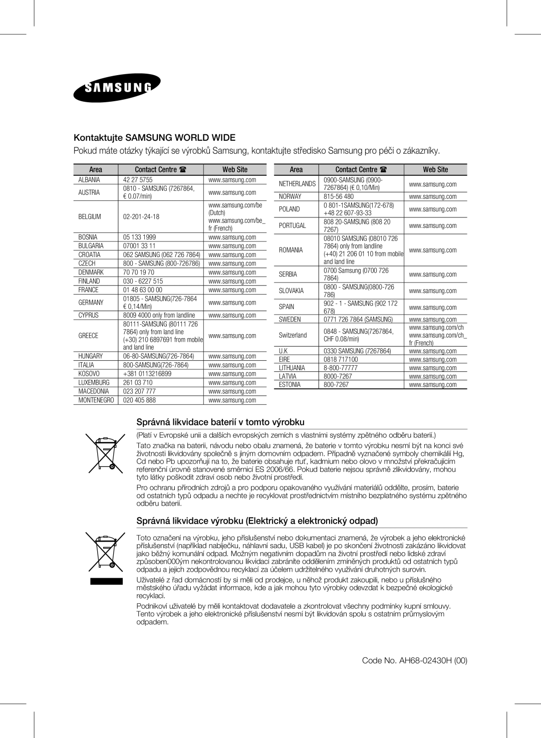 Samsung HW-E350/EN manual Code No. AH68-02430H, Area Contact Centre  Web Site 