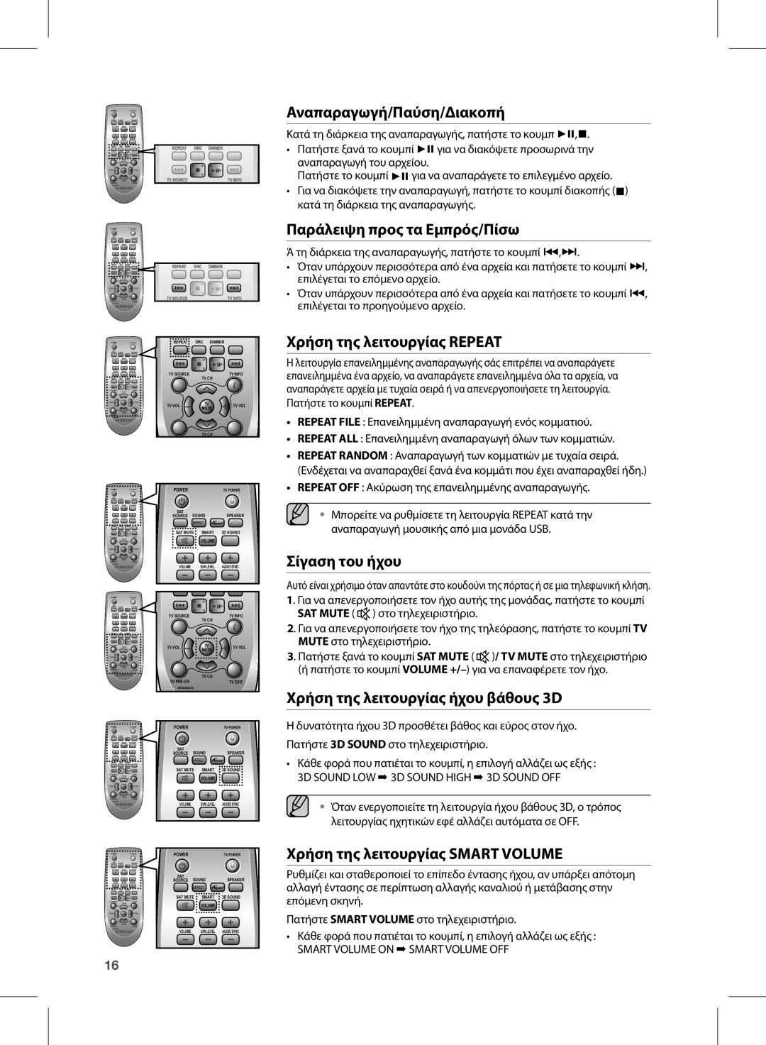 Samsung HW-E350/EN Αναπαραγωγή/Παύση/Διακοπή, Παράλειψη προς τα εμπρός/πίσω, Χρήση της λειτουργίας Repeat, Σίγαση του ήχου 