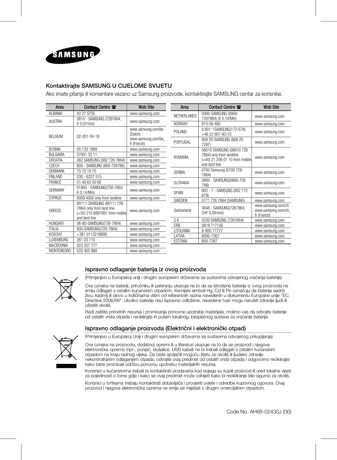 Samsung HW-E350/EN manual Code No. AH68-02430J, Area Contact Centre  Web Site 