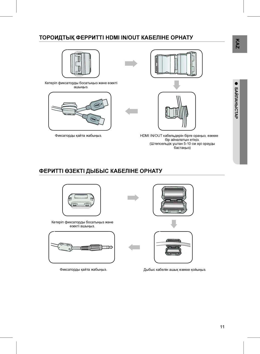 Samsung HW-E350/RU manual ТОРОиДТЫҚ феРРиТТІ Hdmi IN/OUT КАБеЛІне ОРнАТУ, БАЙЛАнЫСТАР 