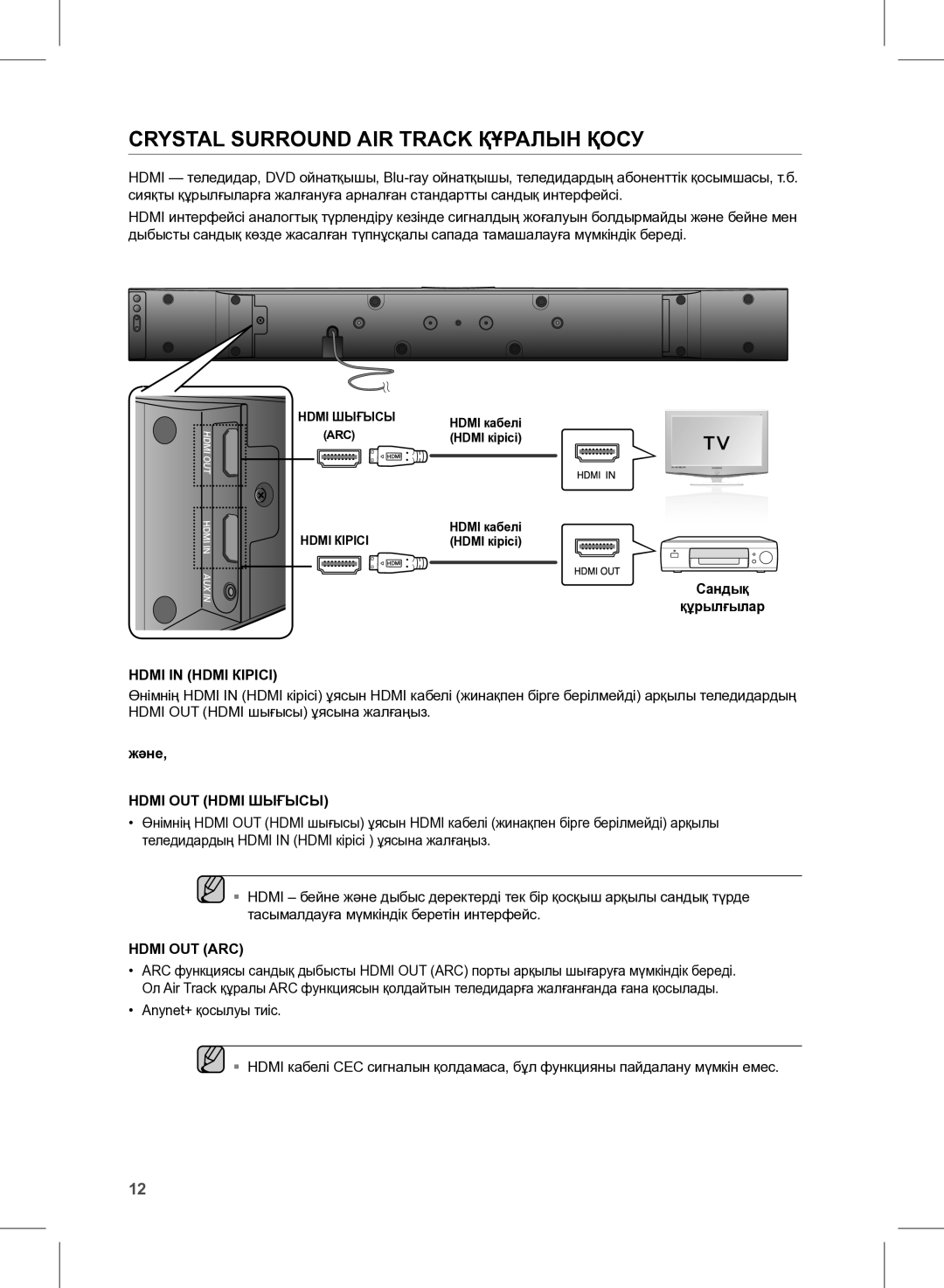 Samsung HW-E350/RU manual Crystal Surround AIR Track Құралын Қосу, Hdmi in Hdmi Кірісі, Hdmi OUT Hdmi Шығысы, Hdmi OUT ARC 