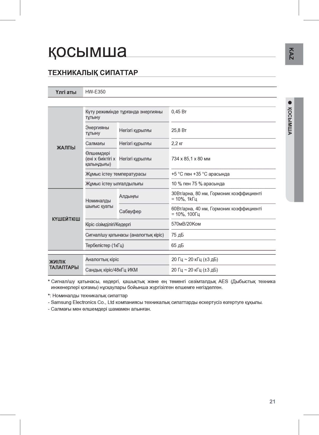 Samsung HW-E350/RU manual Қосымша, Техникалық Сипаттар, Үлгі аты HW-E350 