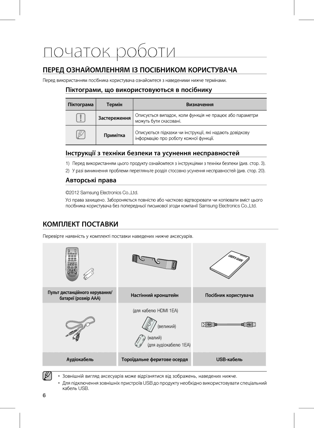 Samsung HW-E350/RU manual Початок роботи, ПеРеД ОзнАЙОМЛенняМ із ПОСіБнИКОМ Користувача, Піктограма Термін Визначення 