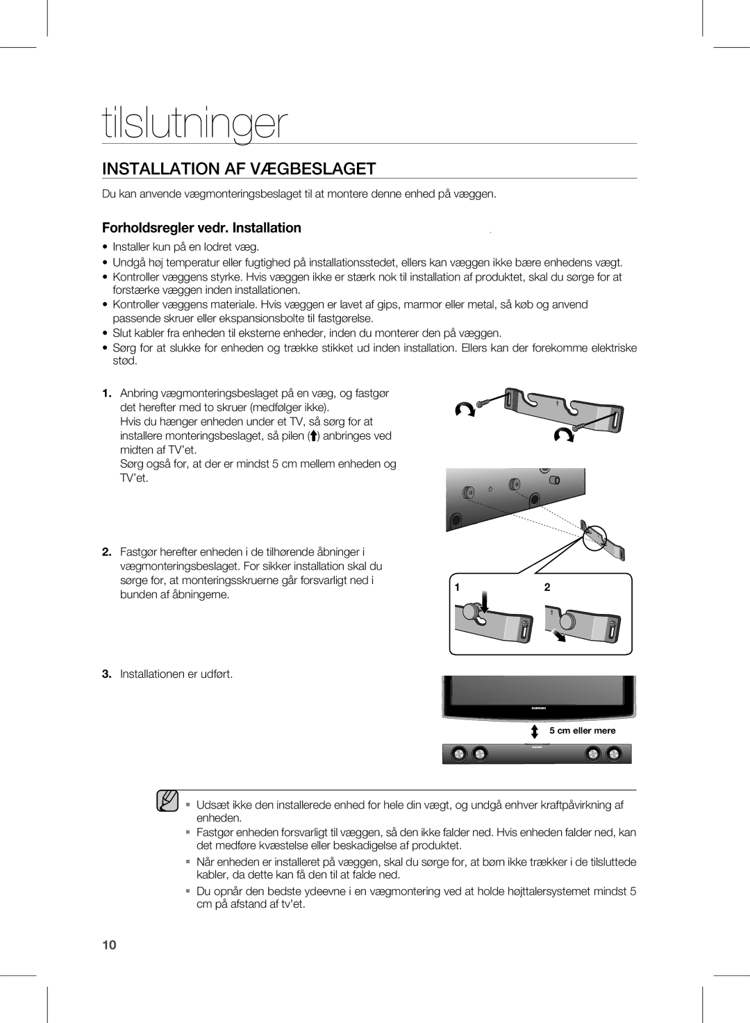 Samsung HW-E350/XE manual Tilslutninger, InsTallaTiOn aF vÆGBeslaGeT 