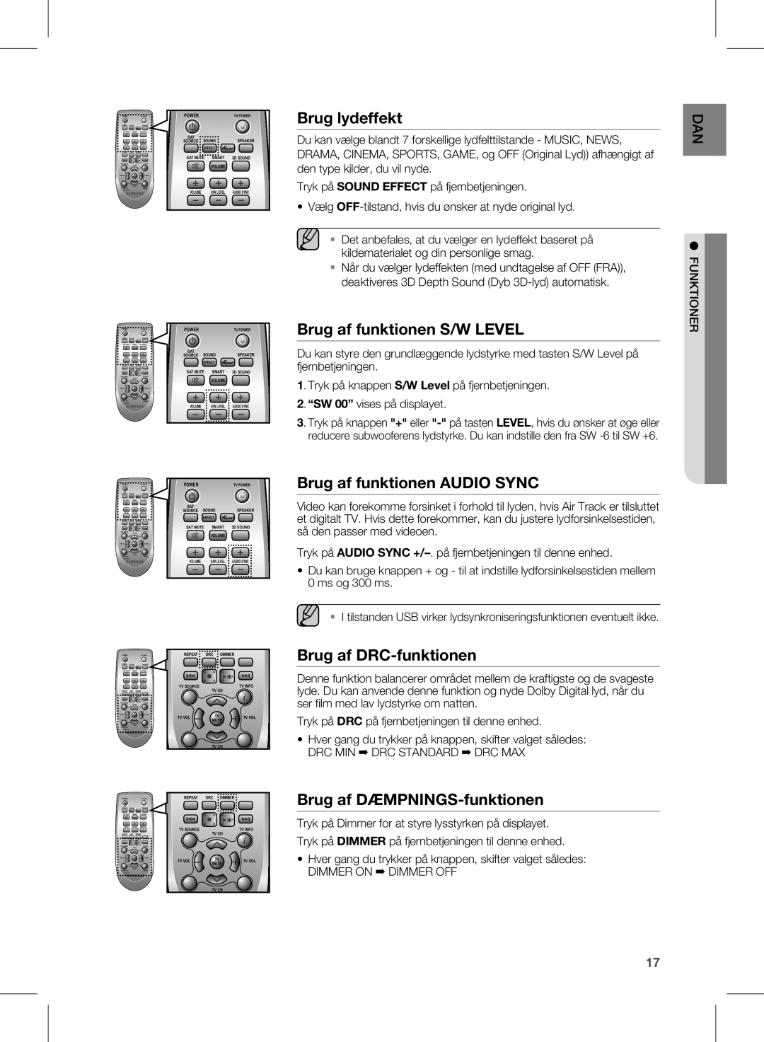 Samsung HW-E350/XE Brug lydeffekt, Brug af funktionen S/W Level, Brug af funktionen Audio Sync, Brug af DRC-funktionen 