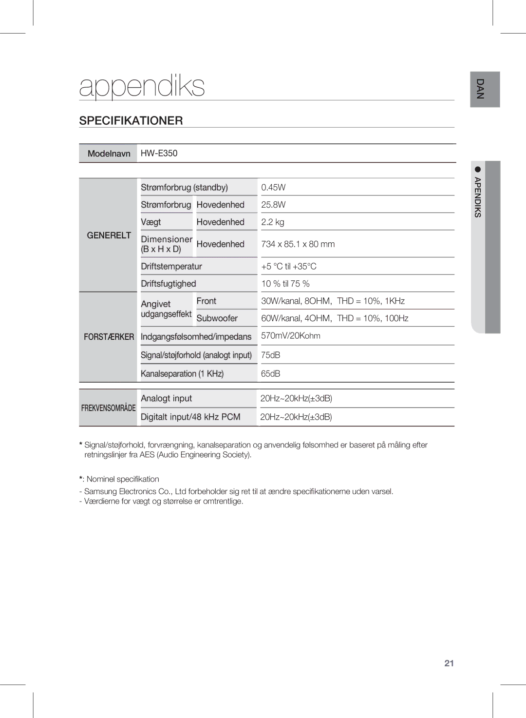 Samsung HW-E350/XE manual Appendiks, Specifikationer, Signal/støjforhold analogt input 