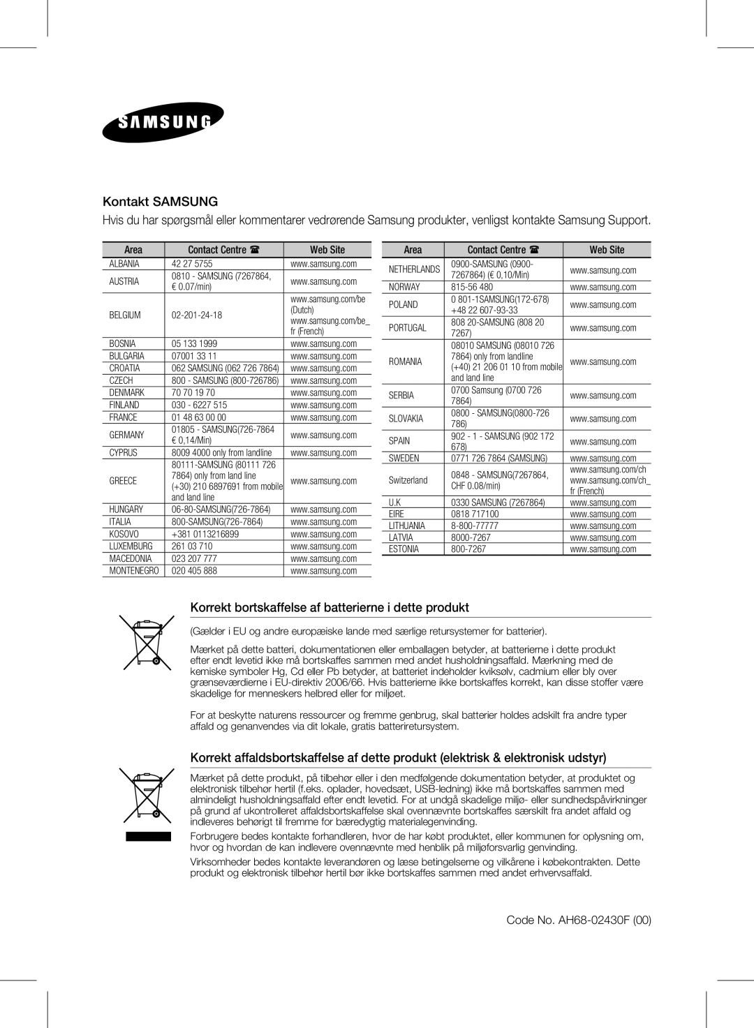 Samsung HW-E350/XE manual Code No. AH68-02430F, Area Contact Centre  Web Site 