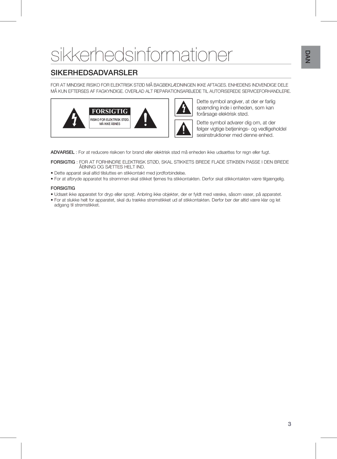 Samsung HW-E350/XE manual Sikkerhedsinformationer, Sikerhedsadvarsler 