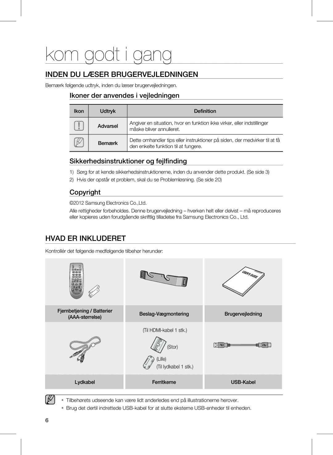 Samsung HW-E350/XE manual Kom godt i gang, Inden dU lÆser BrUGerveJledninGen, Hvad er inklUdereT 