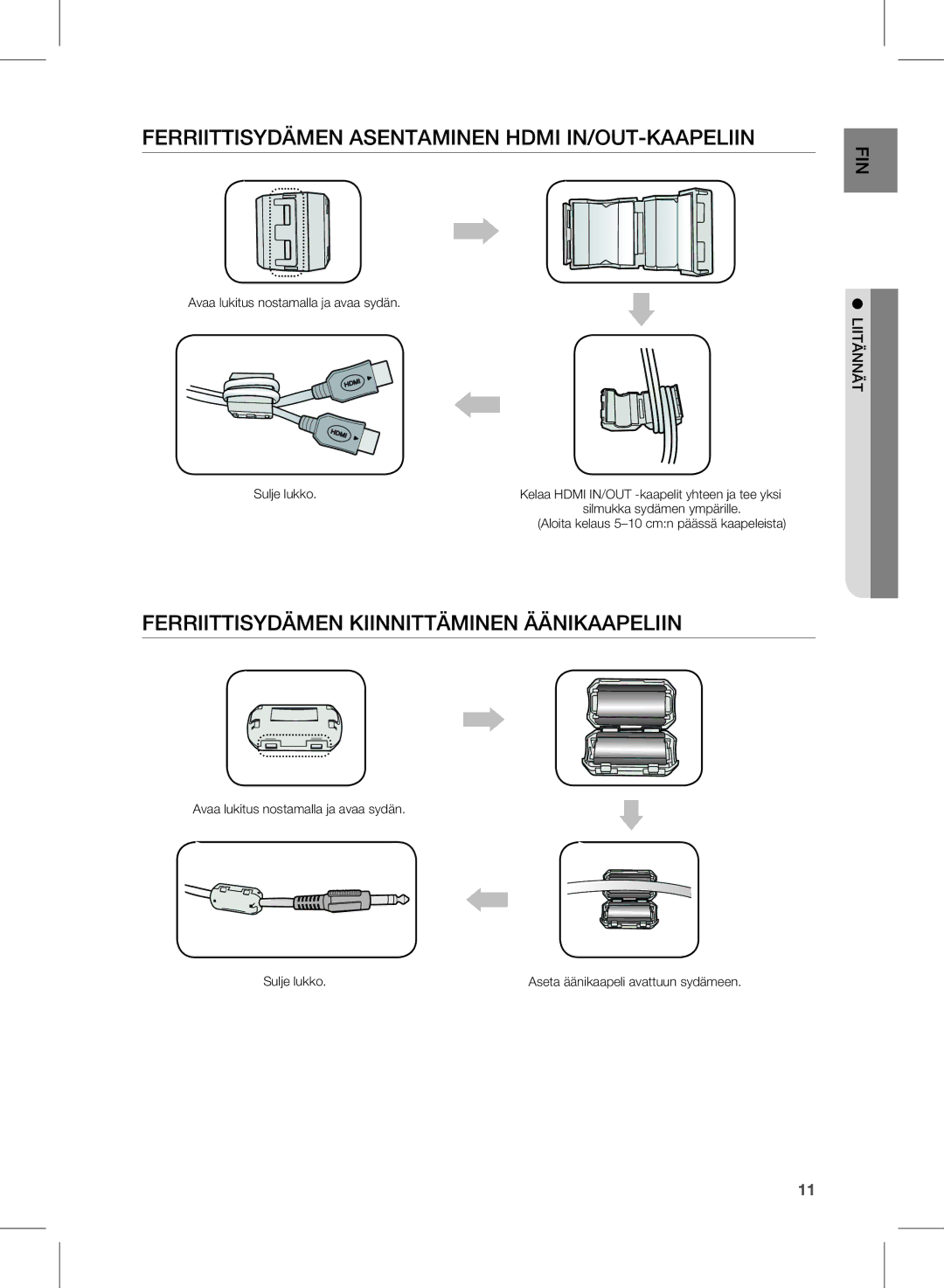 Samsung HW-E350/XE manual FerriiTTisYDäMen asenTaMinen hDMi in/ouT-Kaapeliin, FerriiTTisYDäMen KiinniTTäMinen ääniKaapeliin 