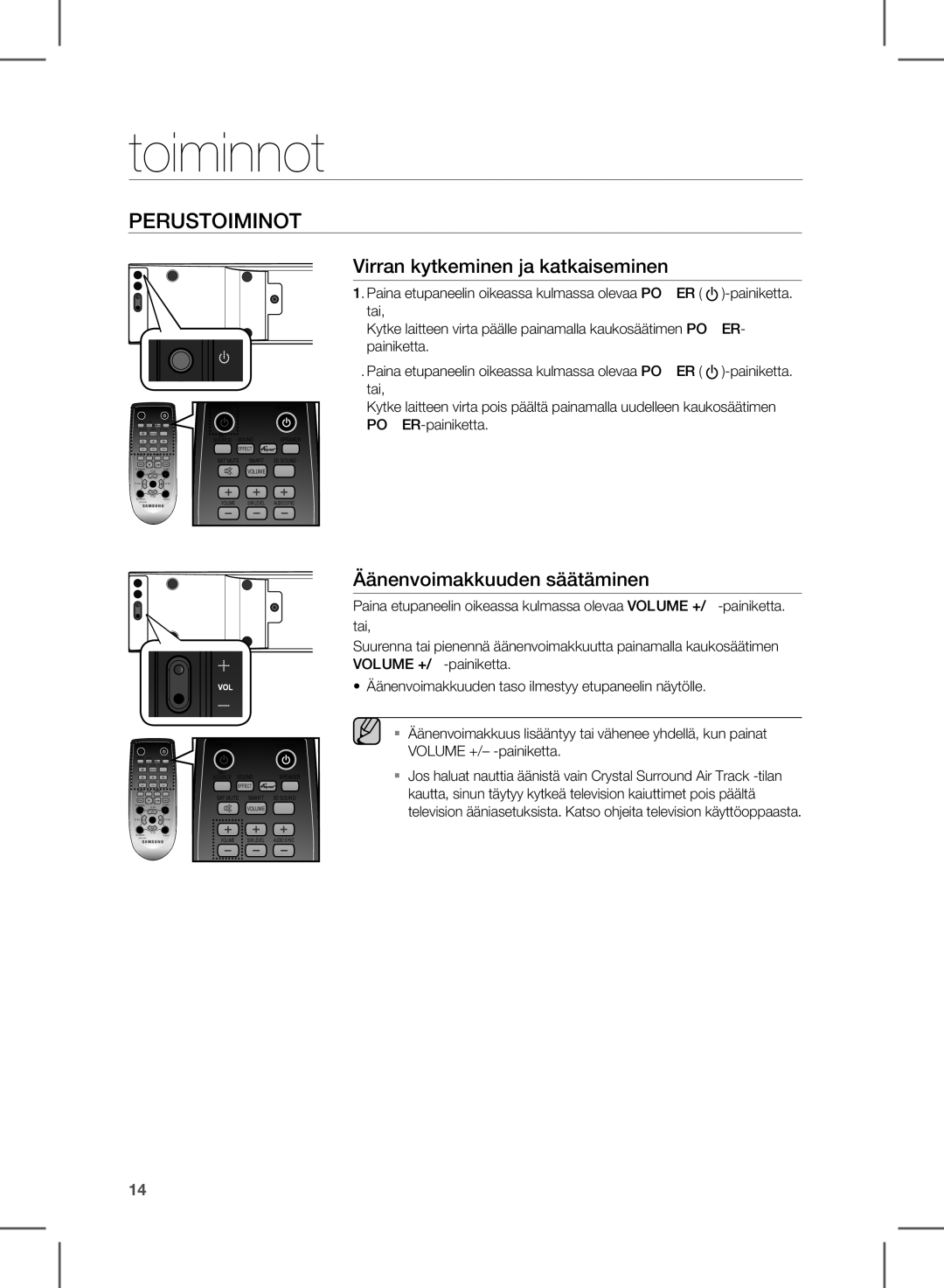 Samsung HW-E350/XE manual Toiminnot, Virran kytkeminen ja katkaiseminen, Äänenvoimakkuuden säätäminen 