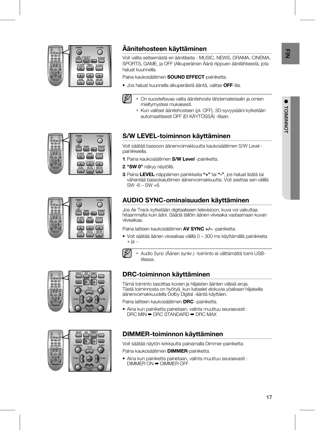 Samsung HW-E350/XE manual Äänitehosteen käyttäminen, LEVEL-toiminnon käyttäminen, Audio SYNC-ominaisuuden käyttäminen 