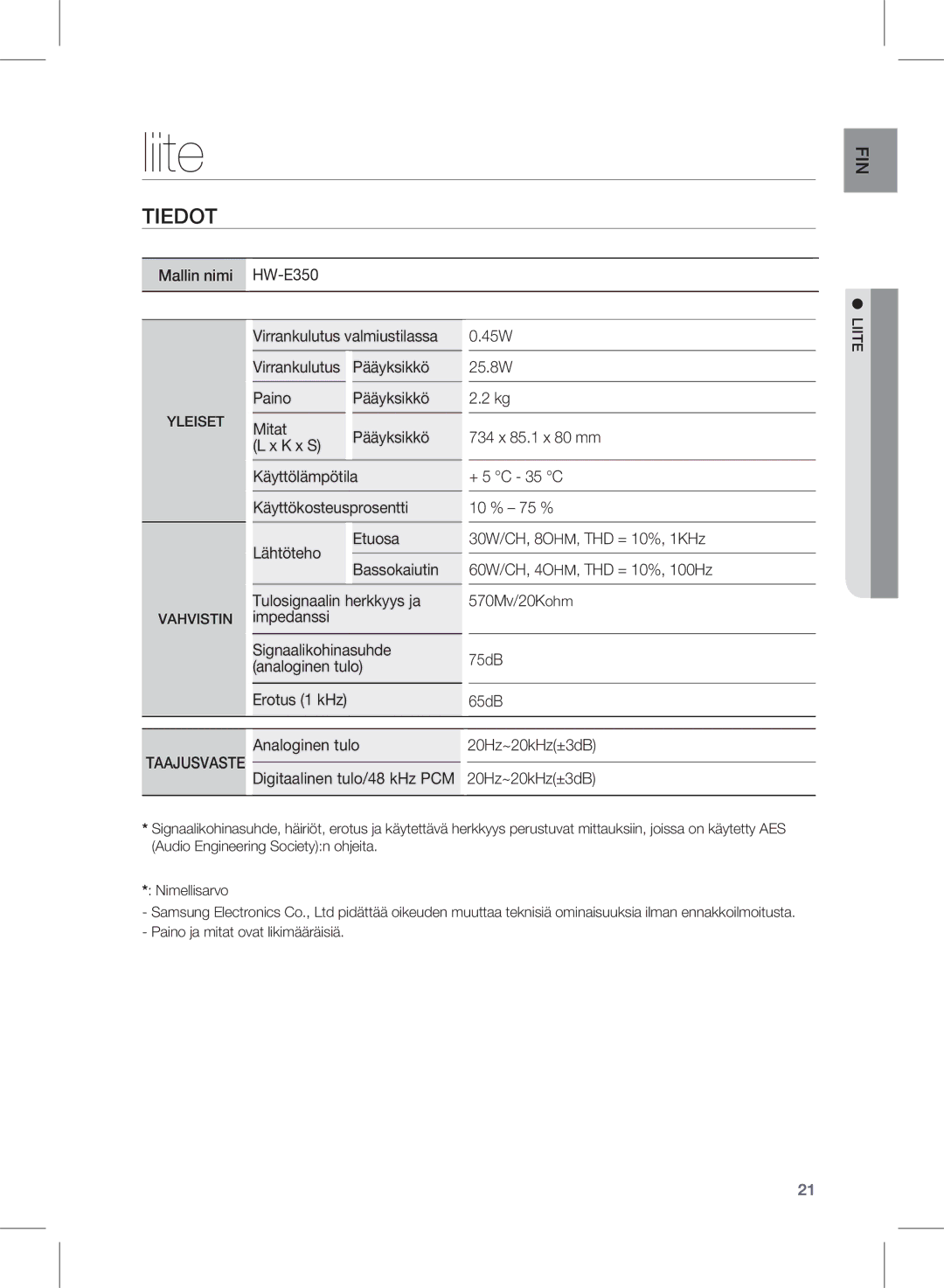 Samsung HW-E350/XE manual Liite, Tiedot, Yleiset, Vahvistin, Taajusvaste 