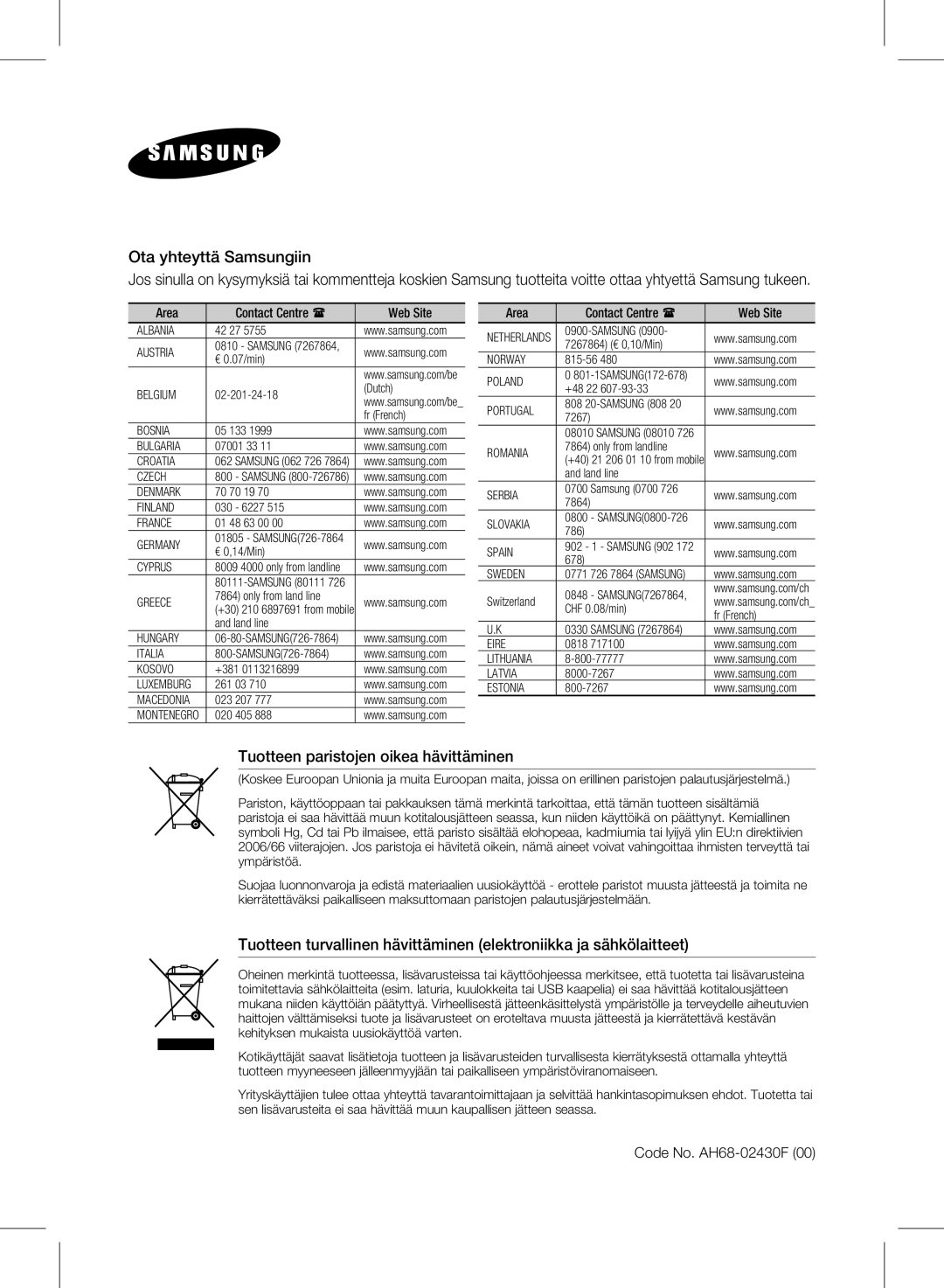 Samsung HW-E350/XE manual Tuotteen paristojen oikea hävittäminen 