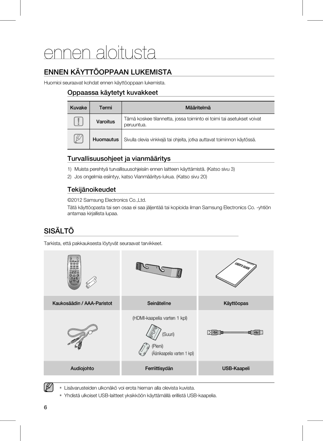 Samsung HW-E350/XE manual Ennen aloitusta, Ennen KäYTTÖoppaan luKeMisTa, SisälTÖ 