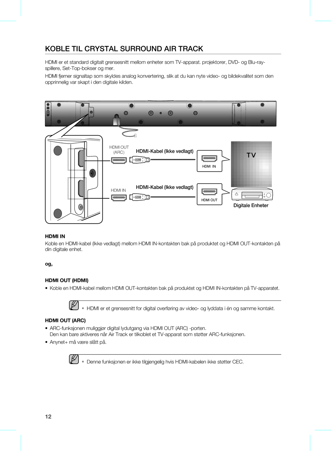 Samsung HW-E350/XE manual Koble TIL Crystal Surround AIR Track, Hdmi 