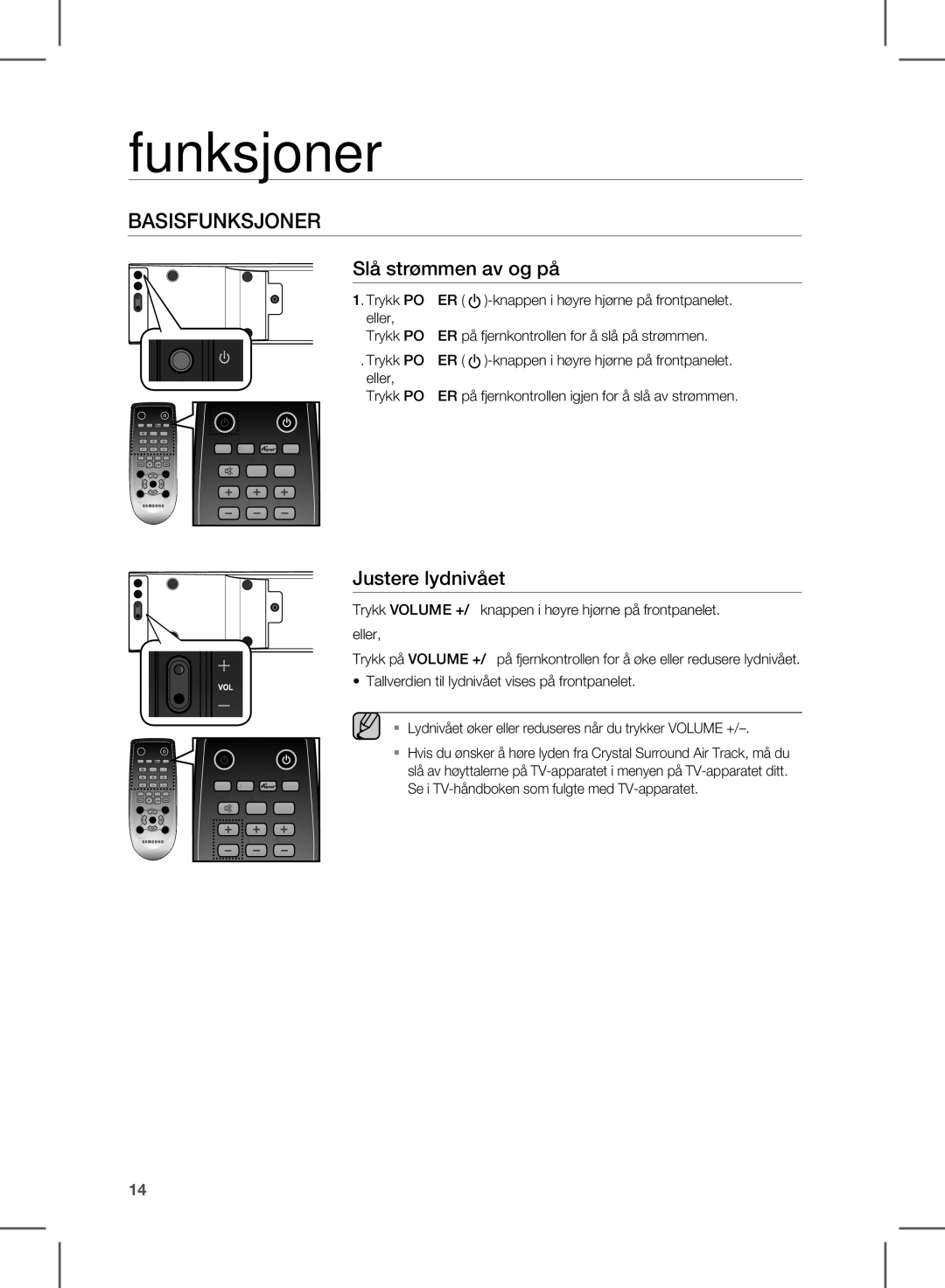 Samsung HW-E350/XE manual Funksjoner, Slå strømmen av og på, Justere lydnivået 