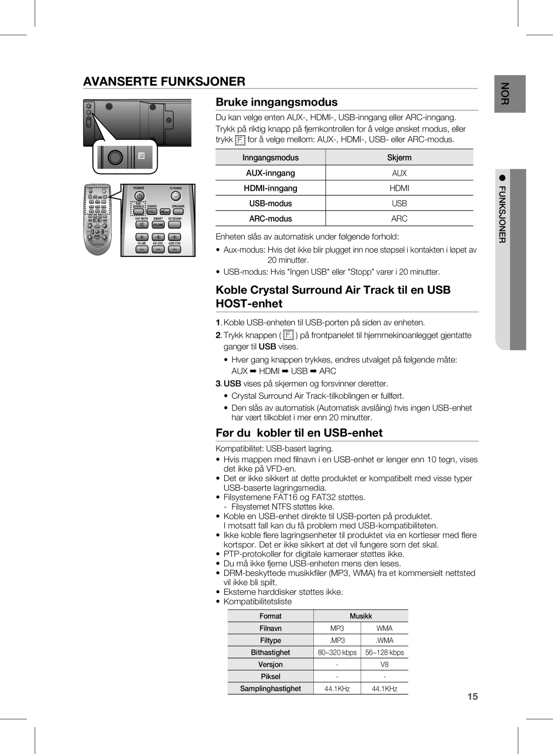 Samsung HW-E350/XE manual Bruke inngangsmodus, Koble Crystal Surround Air Track til en USB HOST-enhet, AUX Hdmi USB ARC 