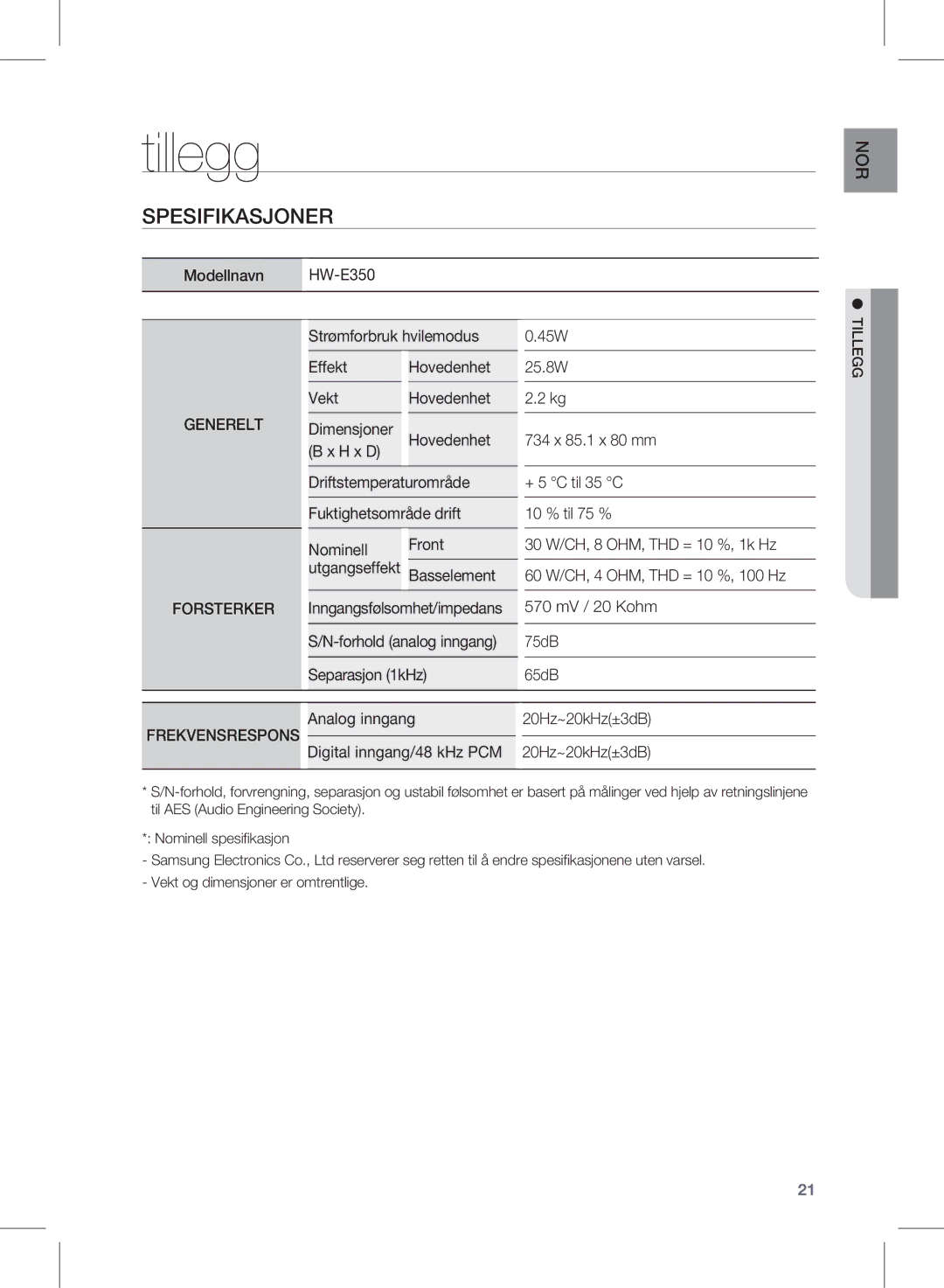 Samsung HW-E350/XE manual Tillegg, Spesifikasjoner, Frekvensrespons 