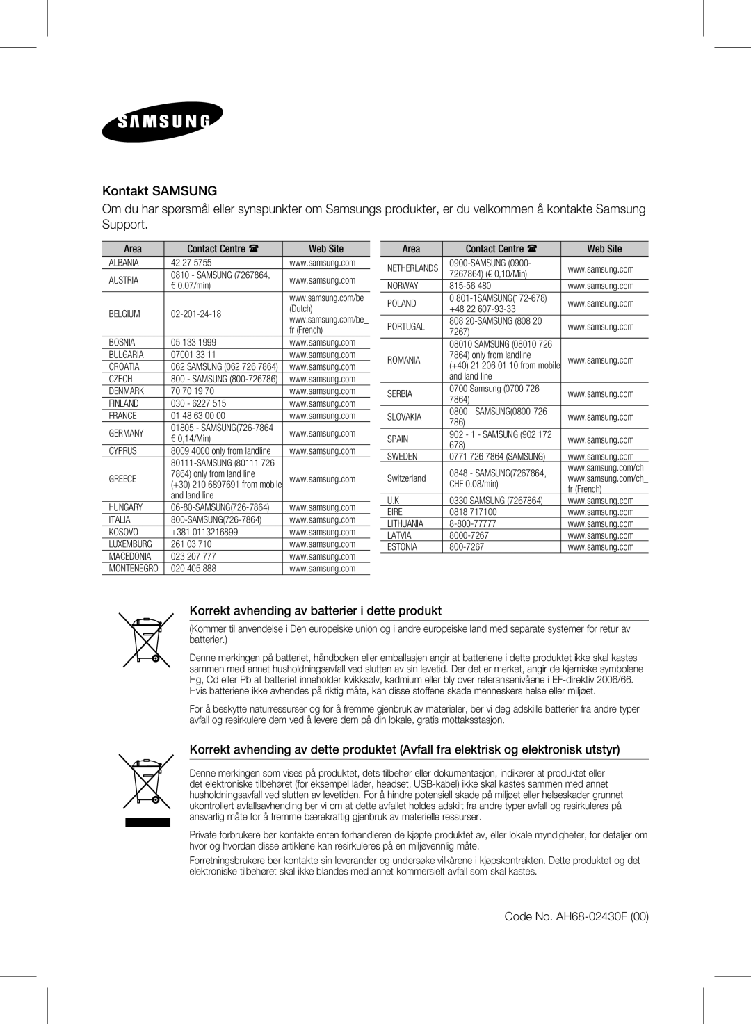 Samsung HW-E350/XE manual Code No. AH68-02430F, Area Contact Centre  Web Site 