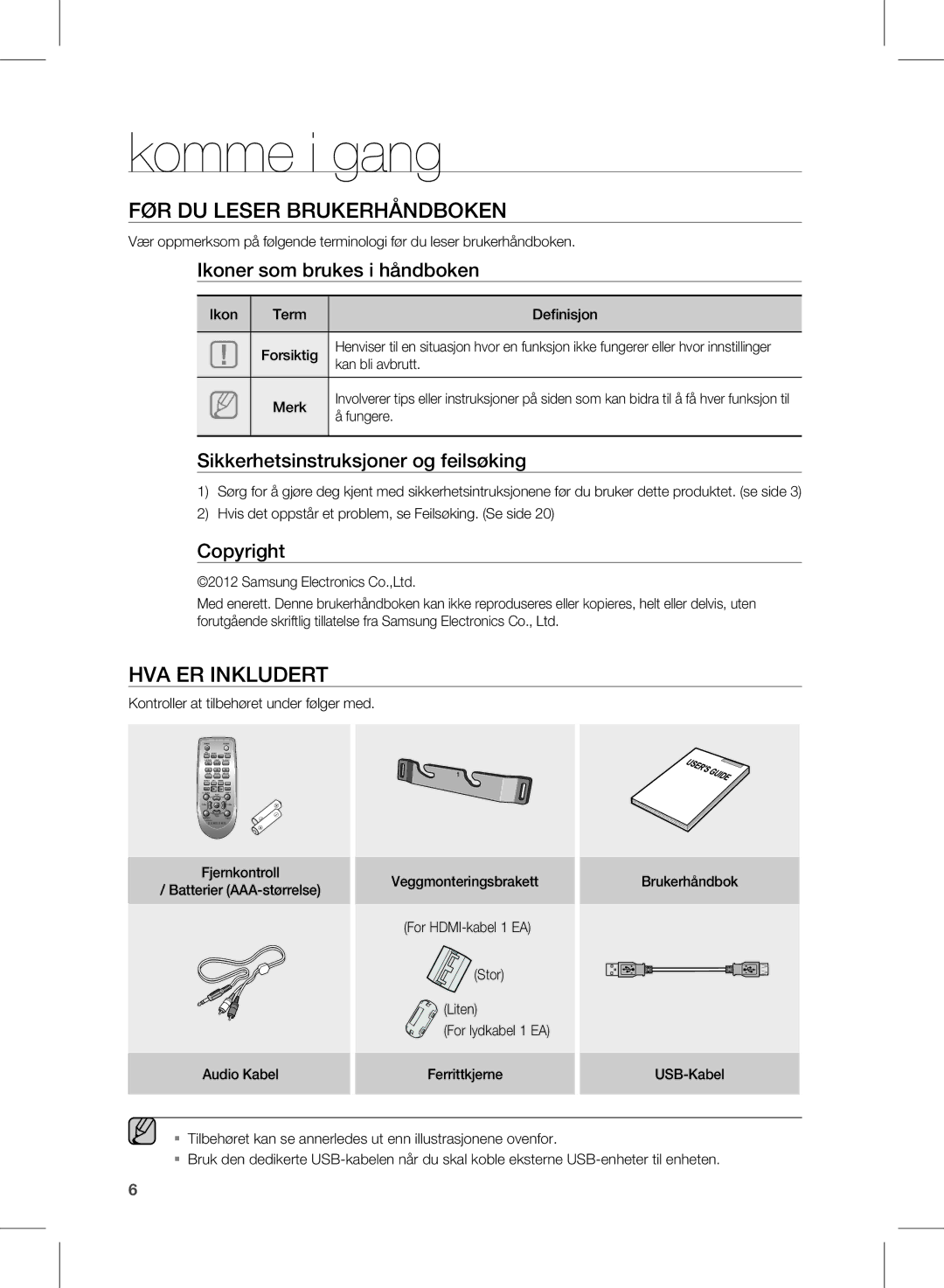 Samsung HW-E350/XE manual Komme i gang, FØr DU Leser brUkerhÅnDboken, HVa er inkLUDert 