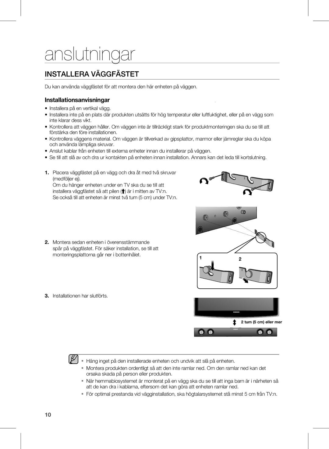 Samsung HW-E350/XE manual Anslutningar, InsTallera VäggFäsTeT, Se också till att enheten är minst två tum 5 cm under TVn 