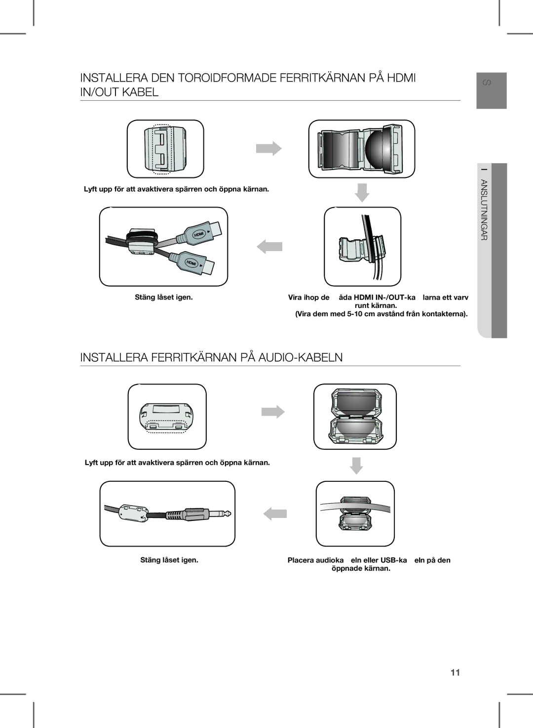 Samsung HW-E350/XE manual InsTallera FerriTKärnan PÅ aUDiO-Kabeln, AnslUTningar 