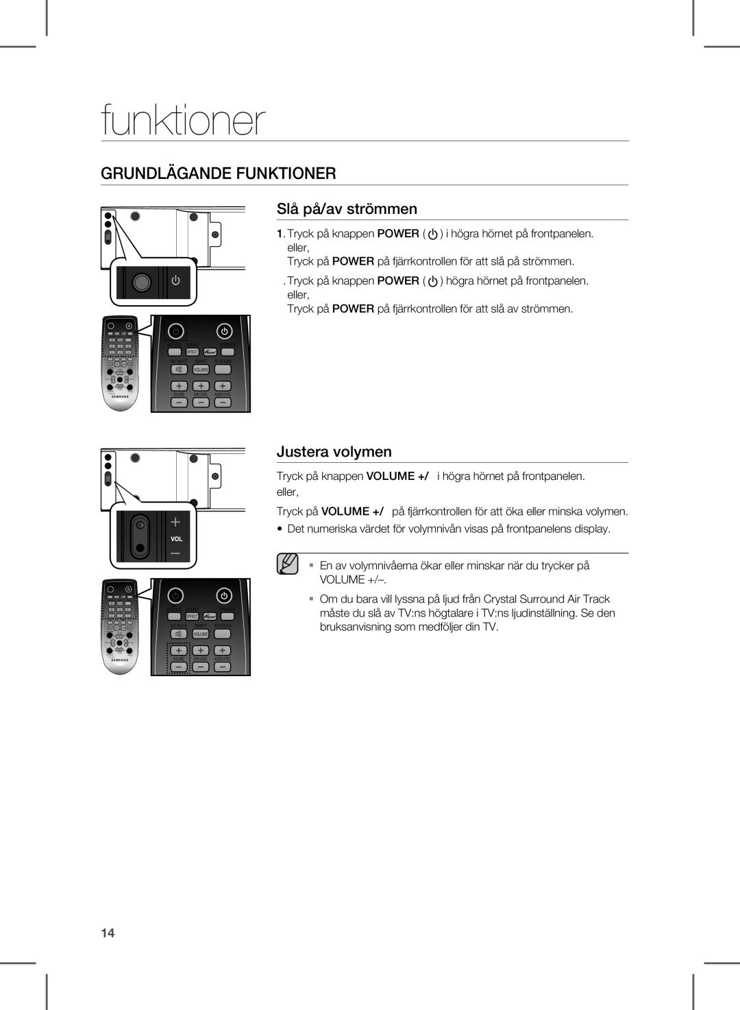 Samsung HW-E350/XE manual Funktioner, Slå på/av strömmen, Justera volymen 